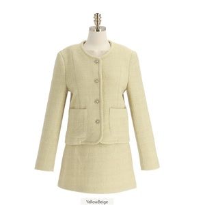 Wood tweed jacket and skirt yellow beige color